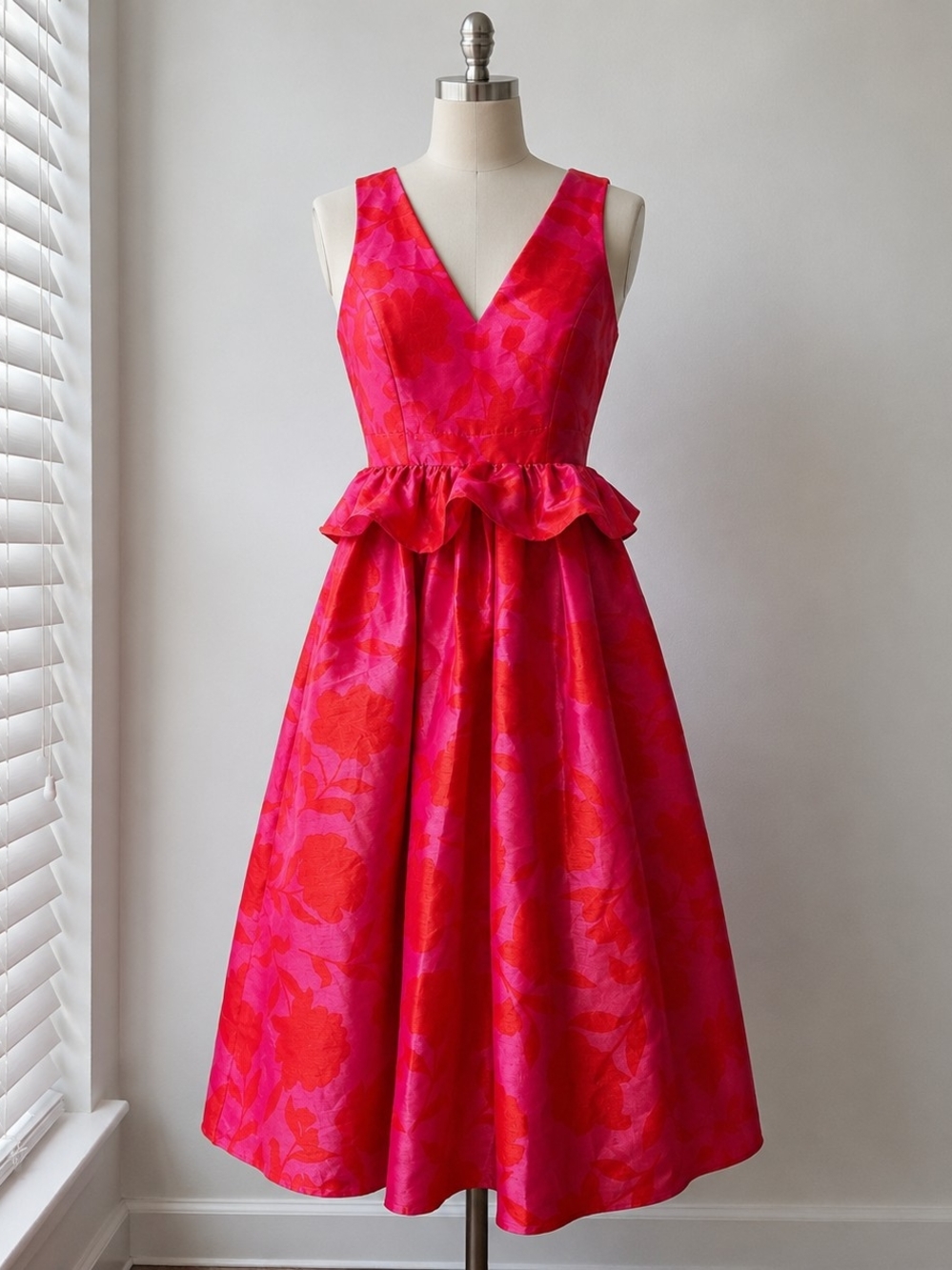 kate spade Pink and Red Floral V-Neck Peplum Midi Dress